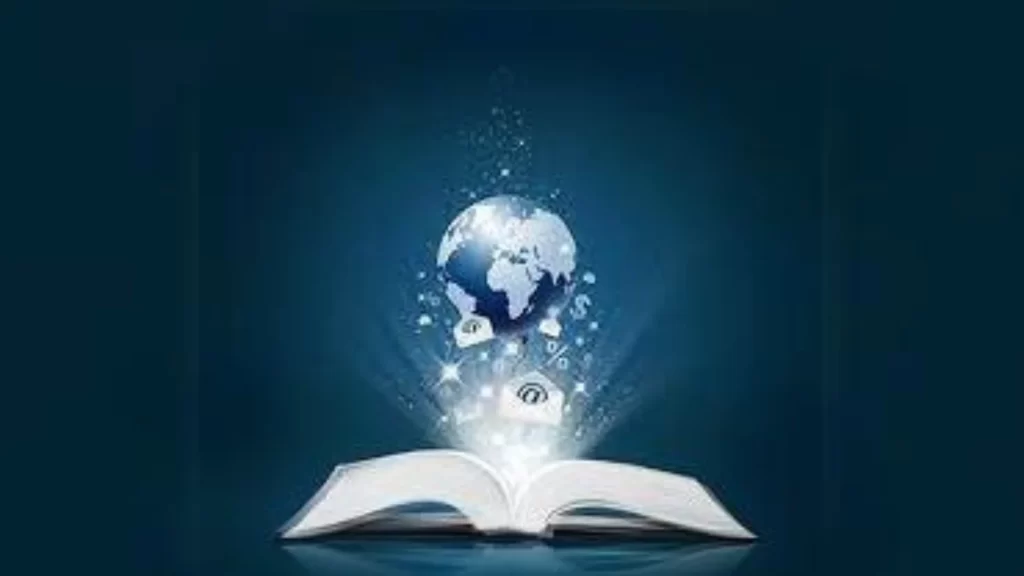 A book and blue background and book above have a global.